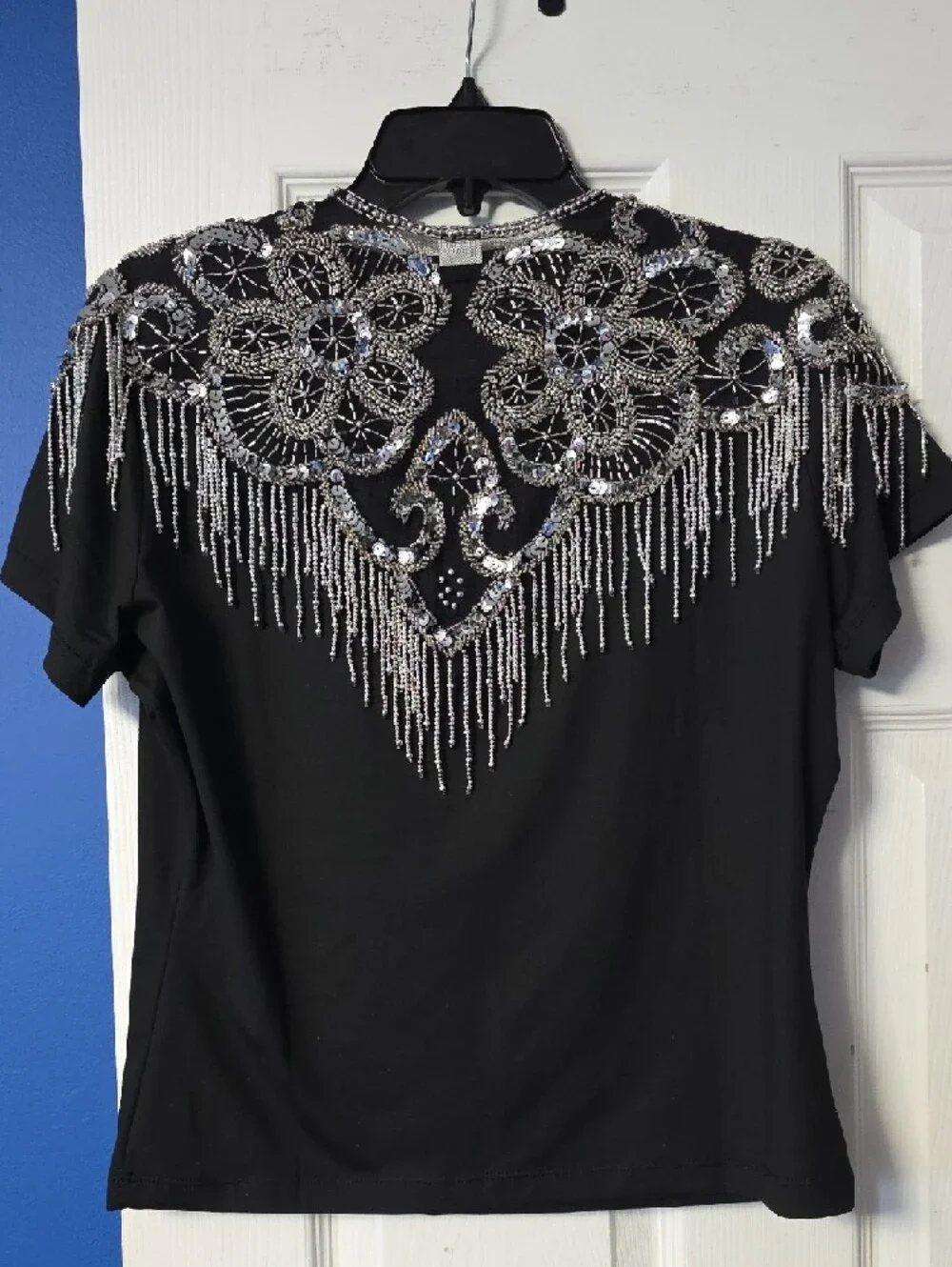 Black Beaded Fringe Embellished Shawl Collar